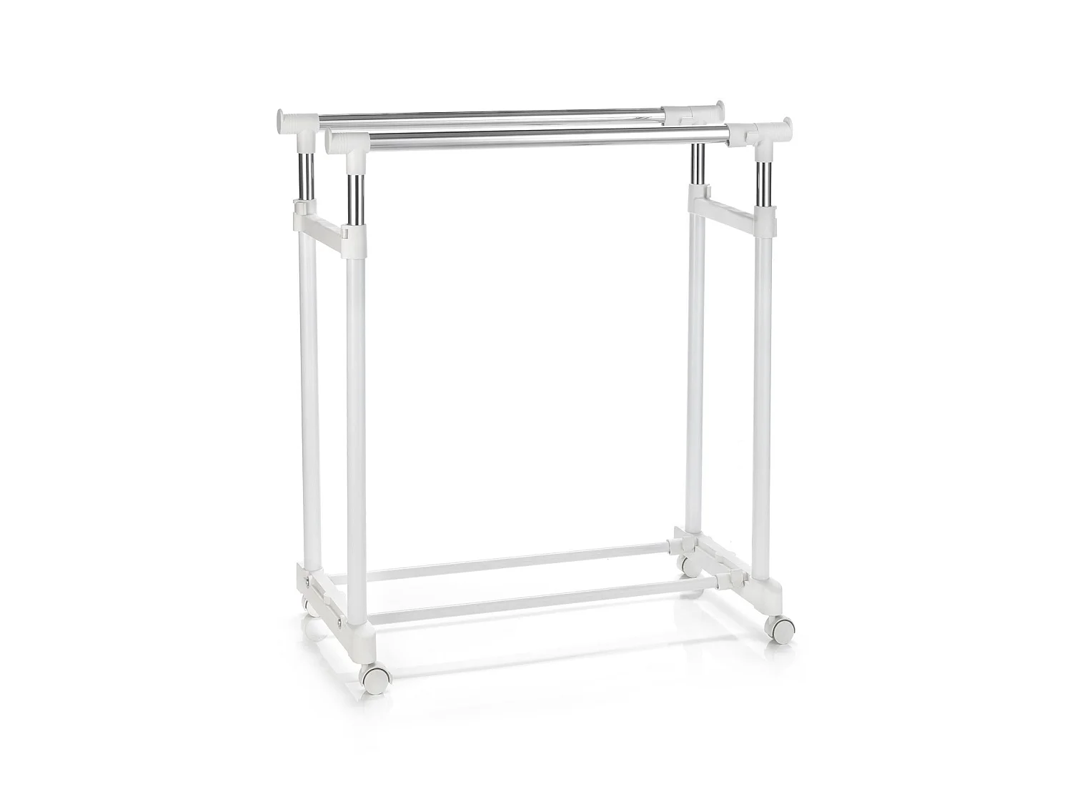 Portant à vêtements CASA en métal chromé et blanc, penderie double sur roulettes avec 2 barres hauteur et longueur réglables