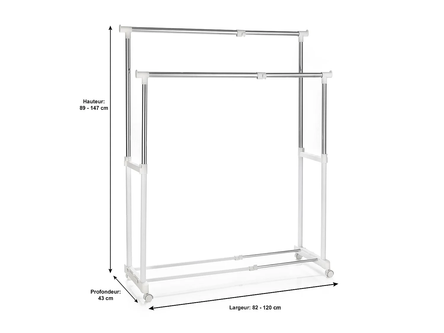 Portant à vêtements CASA en métal chromé et blanc, penderie double sur roulettes avec 2 barres hauteur et longueur réglables