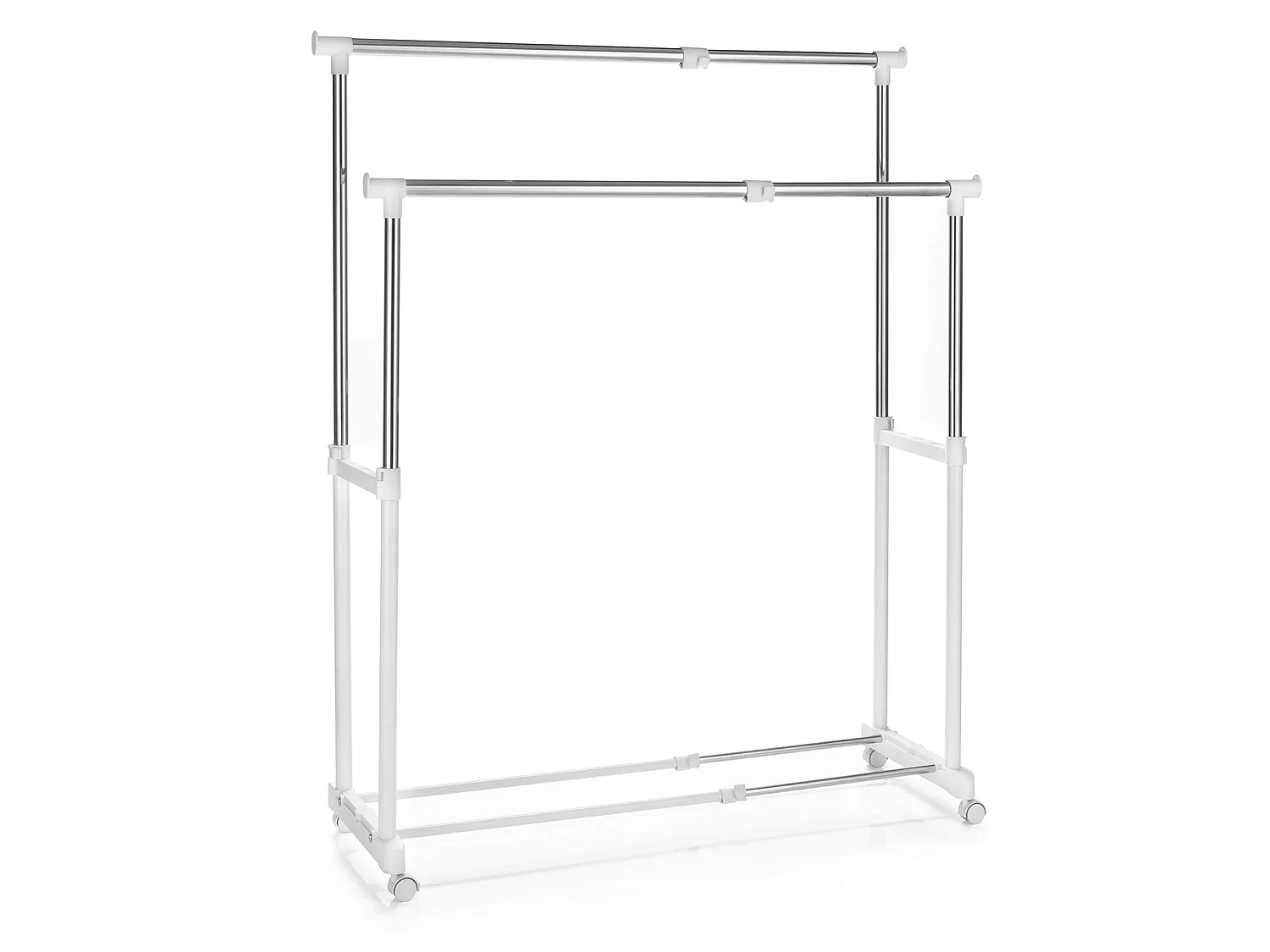 Portant à vêtements CASA en métal chromé et blanc, penderie double sur roulettes avec 2 barres hauteur et longueur réglables