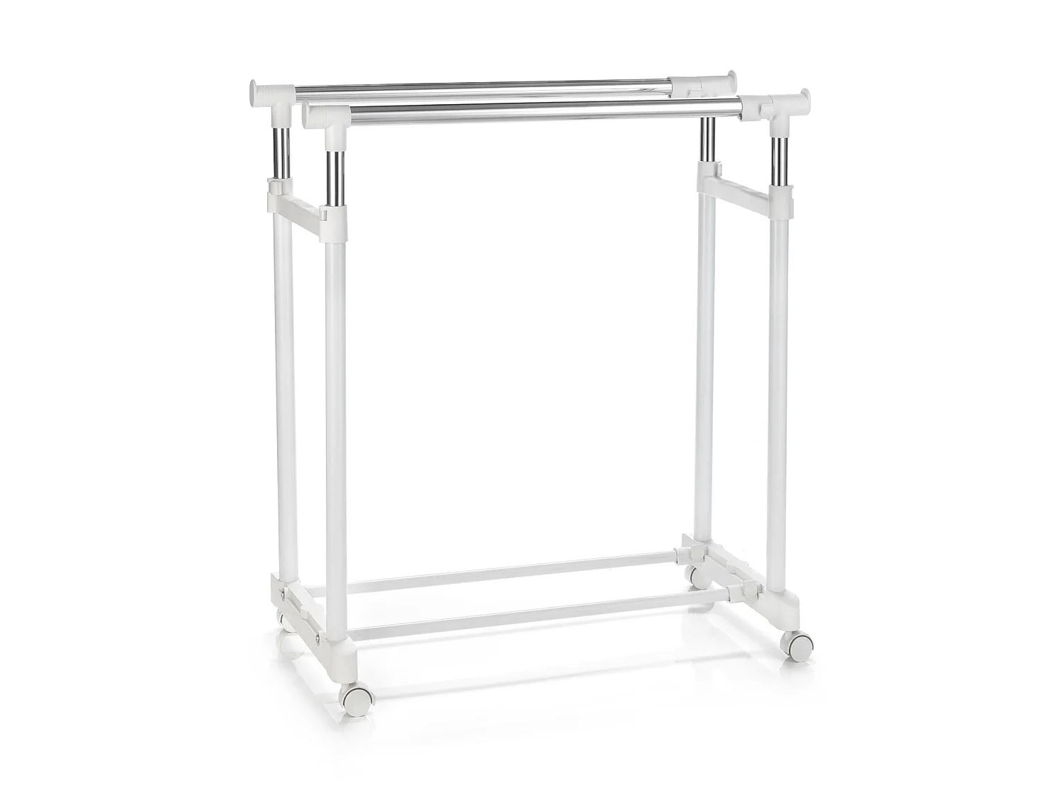 Portant à vêtements CASA en métal chromé et blanc, penderie double sur roulettes avec 2 barres hauteur et longueur réglables
