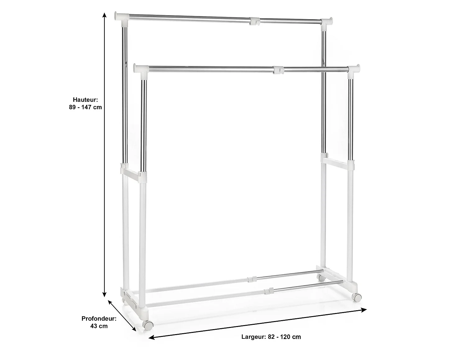 Portant à vêtements CASA en métal chromé et blanc, penderie double sur roulettes avec 2 barres hauteur et longueur réglables