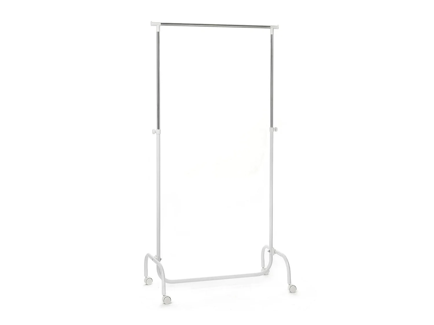 Portant à vêtements TIGER penderie simple sur roulettes vestiaire mobile avec 1 barre de hauteur réglable, en métal chromé et blanc