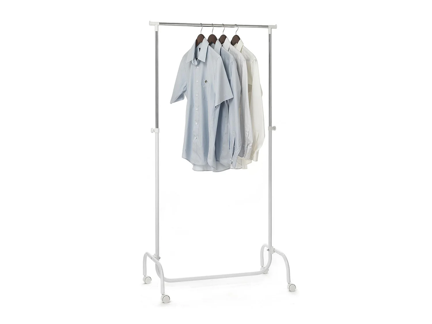 Portant à vêtements TIGER penderie simple sur roulettes vestiaire mobile avec 1 barre de hauteur réglable, en métal chromé et blanc