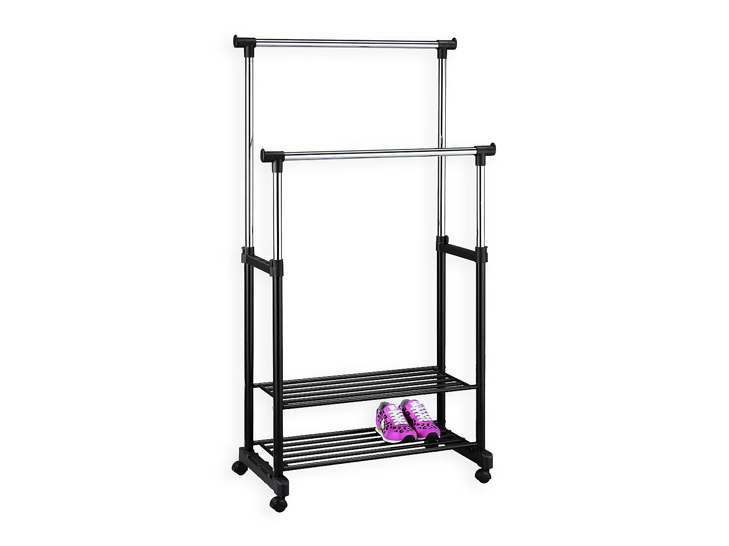 Portant à vêtements NELMA penderie double sur roulettes vestiaires mobile avec 2 barres réglables en hauteur et 2 étagères chromé