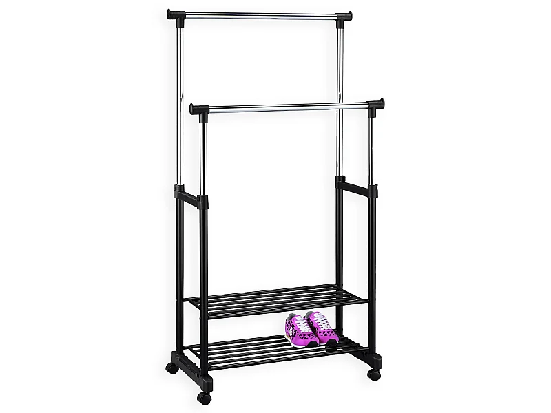 Portant à vêtements NELMA penderie double sur roulettes vestiaires mobile avec 2 barres réglables en hauteur et 2 étagères chromé