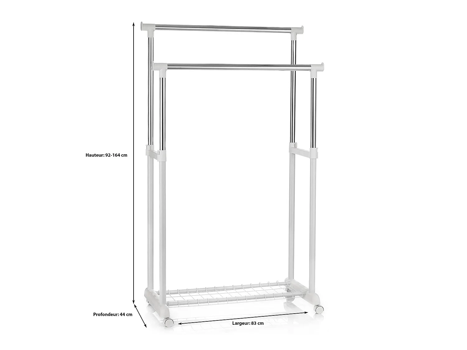 Portant à vêtements GROSSO penderie double sur roulettes vestiaire mobile barres de hauteur réglable et 1 tablette, chromé et blanc