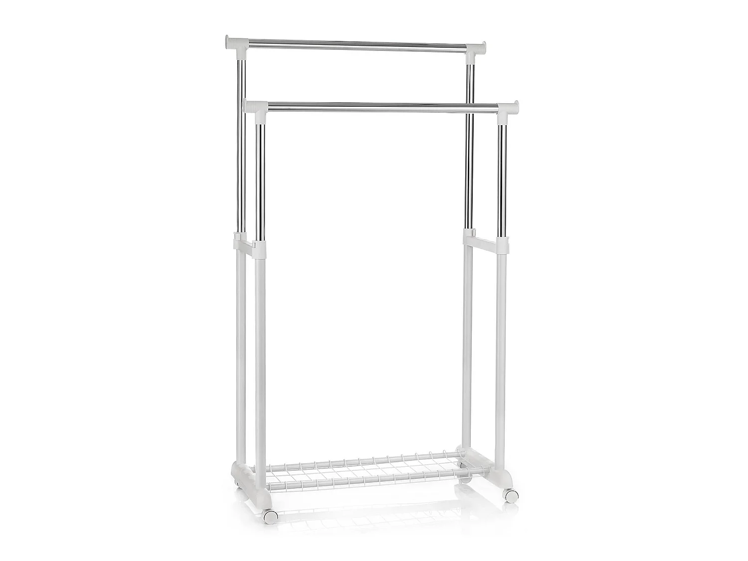 Portant à vêtements GROSSO penderie double sur roulettes vestiaire mobile barres de hauteur réglable et 1 tablette, chromé et blanc