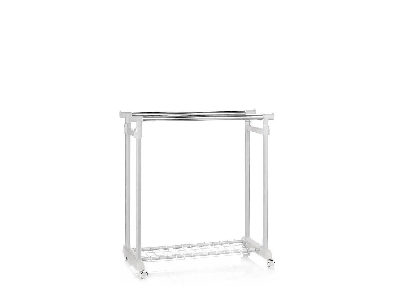 Portant à vêtements GROSSO penderie double sur roulettes vestiaire mobile barres de hauteur réglable et 1 tablette, chromé et blanc