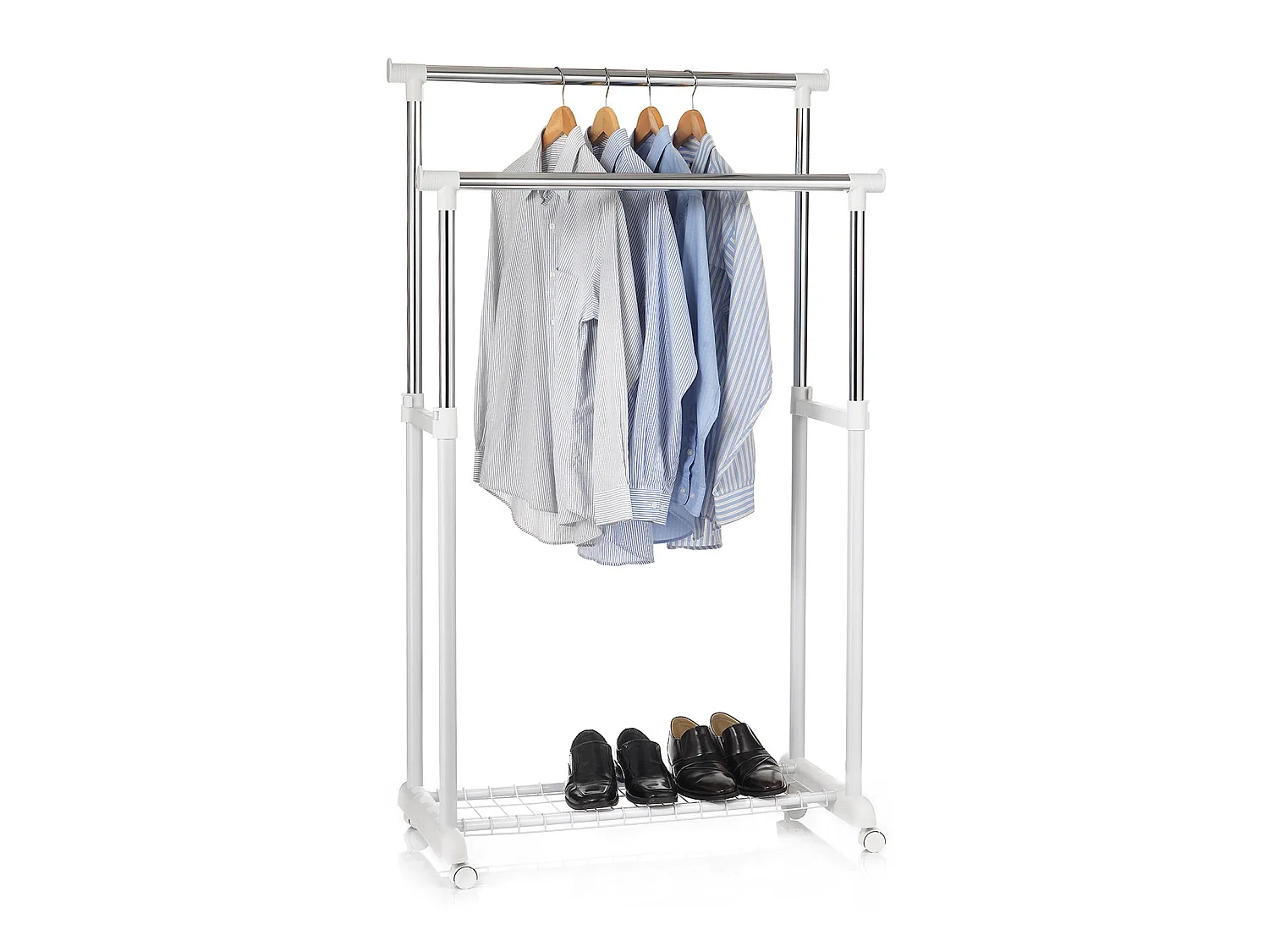 Portant à vêtements GROSSO penderie double sur roulettes vestiaire mobile barres de hauteur réglable et 1 tablette, chromé et blanc