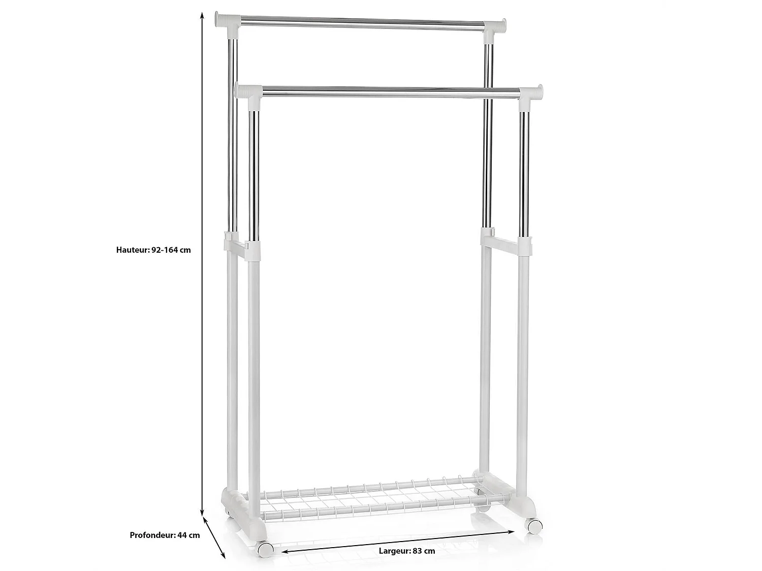 Portant à vêtements GROSSO penderie double sur roulettes vestiaire mobile barres de hauteur réglable et 1 tablette, chromé et blanc