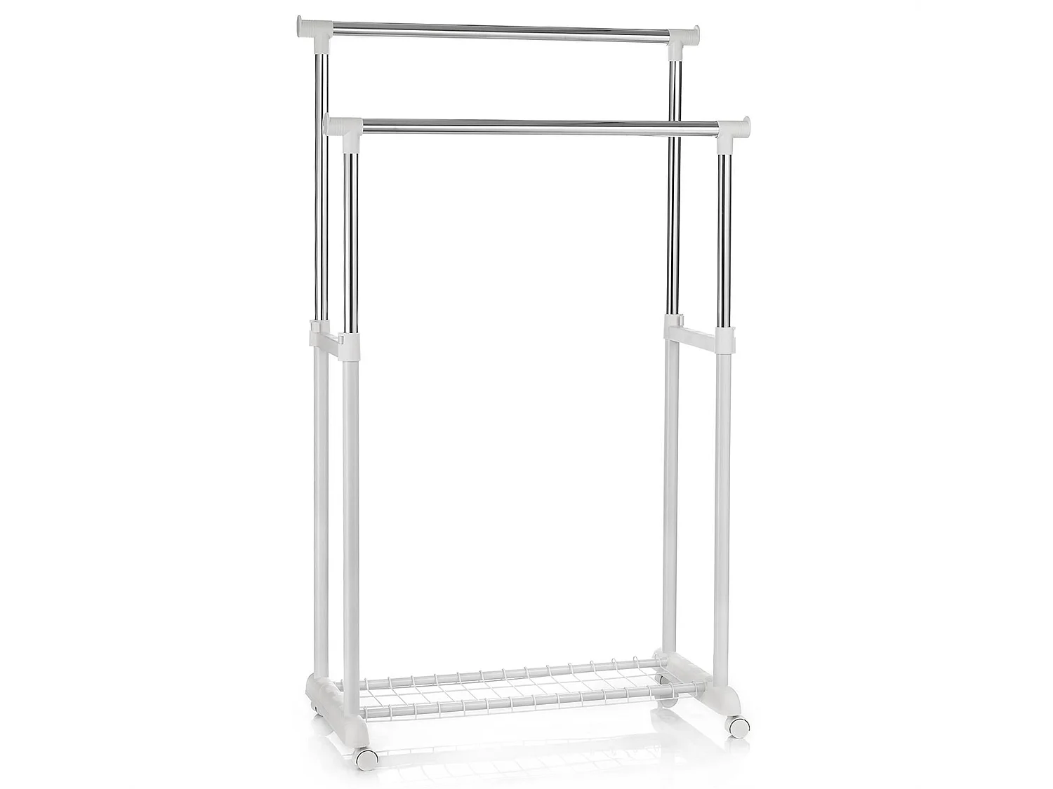 Portant à vêtements GROSSO penderie double sur roulettes vestiaire mobile barres de hauteur réglable et 1 tablette, chromé et blanc
