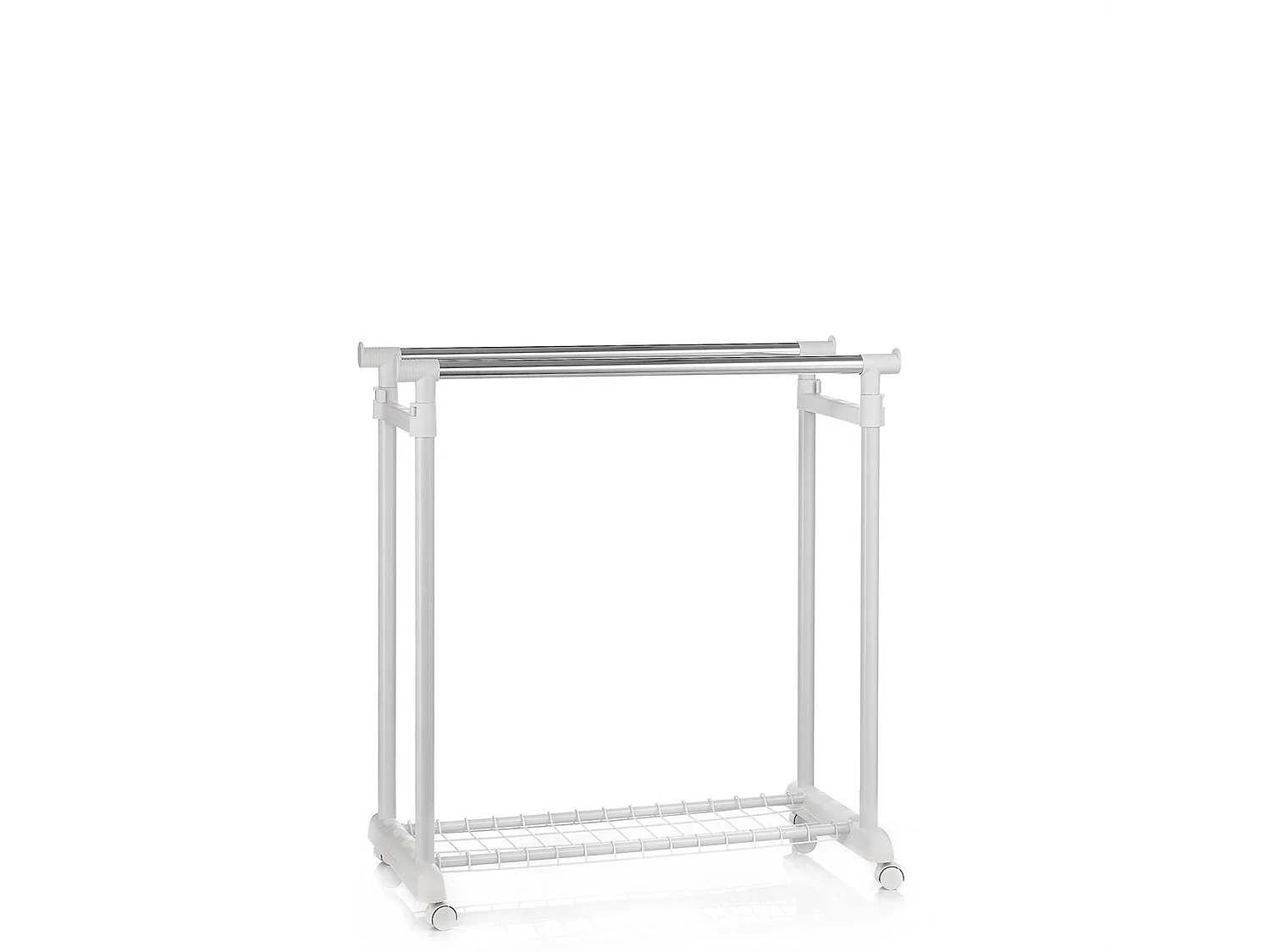 Portant à vêtements GROSSO penderie double sur roulettes vestiaire mobile barres de hauteur réglable et 1 tablette, chromé et blanc