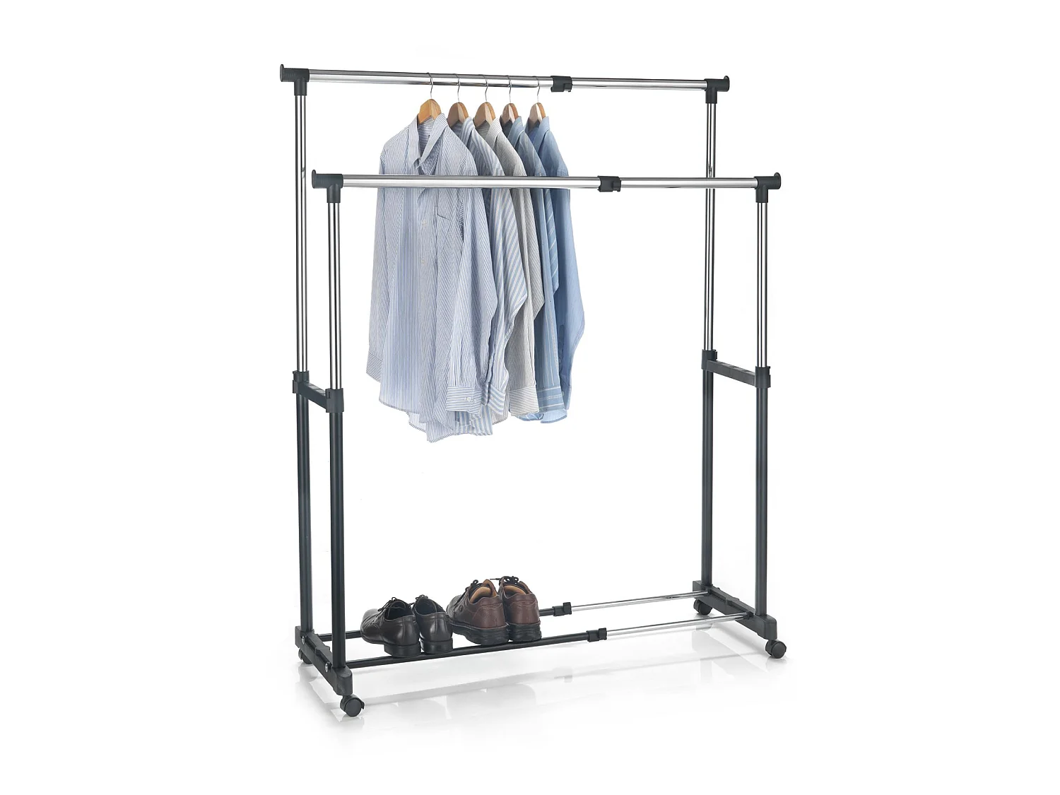 Portant à vêtements CASA en métal chromé et noir, penderie double sur roulettes avec 2 barres hauteur et longueur réglables