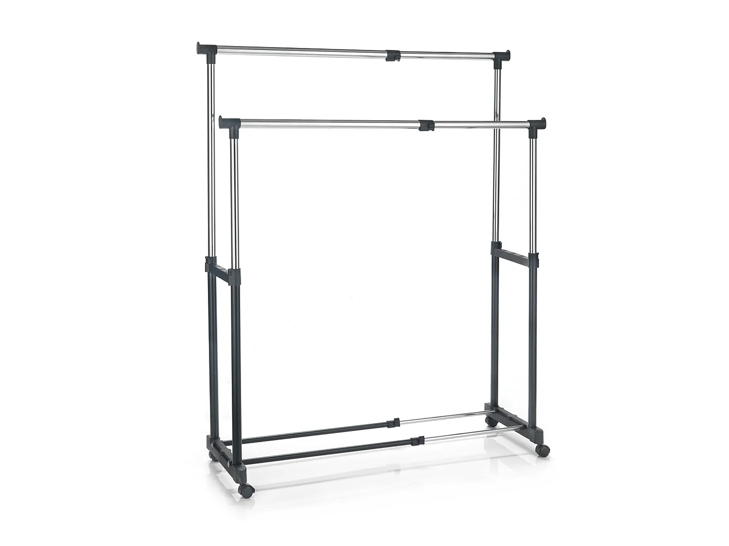 Portant à vêtements CASA en métal chromé et noir, penderie double sur roulettes avec 2 barres hauteur et longueur réglables