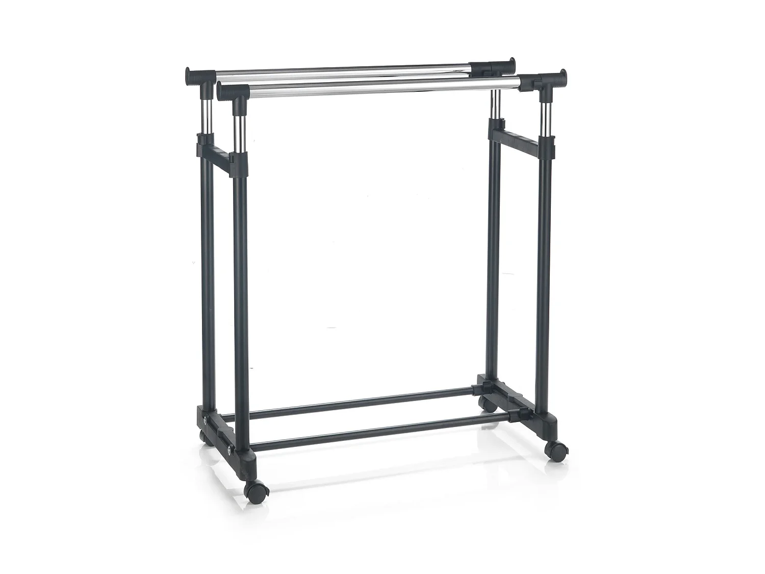 Portant à vêtements CASA en métal chromé et noir, penderie double sur roulettes avec 2 barres hauteur et longueur réglables