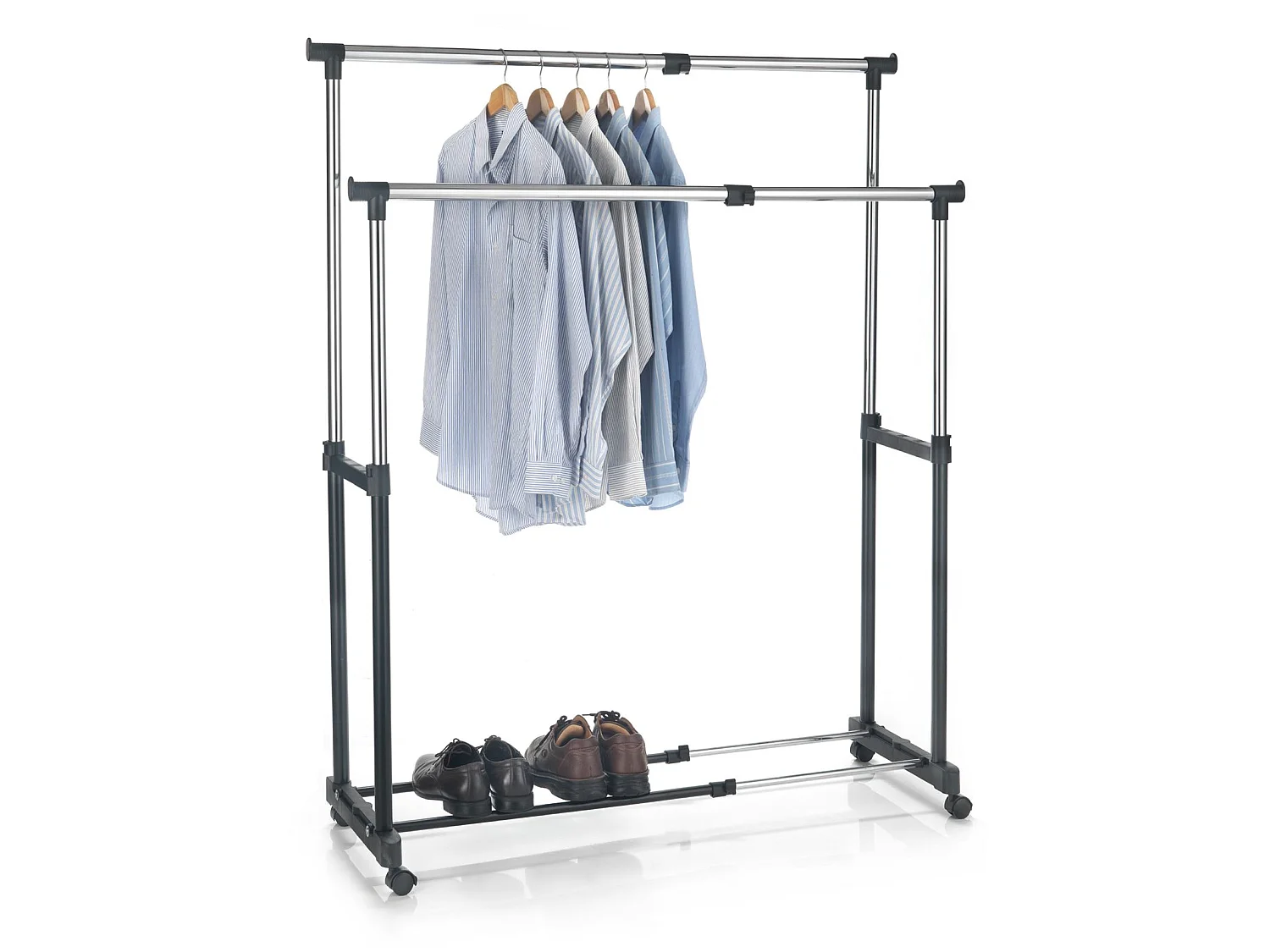 Portant à vêtements CASA en métal chromé et noir, penderie double sur roulettes avec 2 barres hauteur et longueur réglables