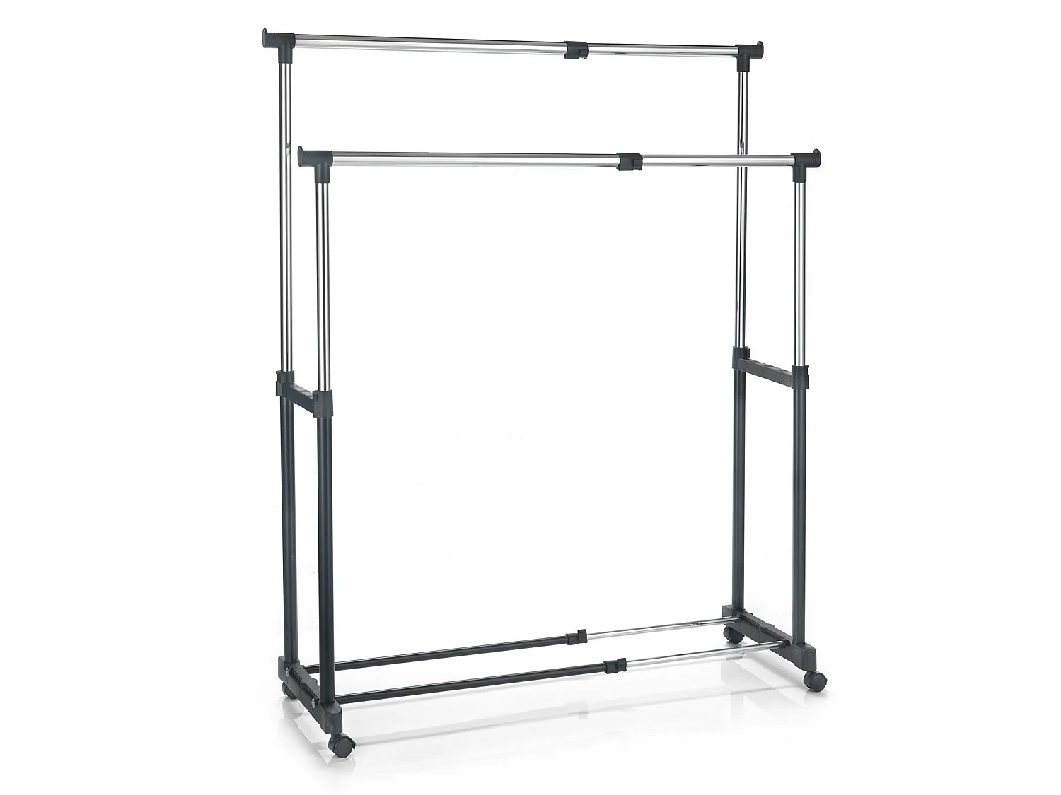 Portant à vêtements CASA en métal chromé et noir, penderie double sur roulettes avec 2 barres hauteur et longueur réglables