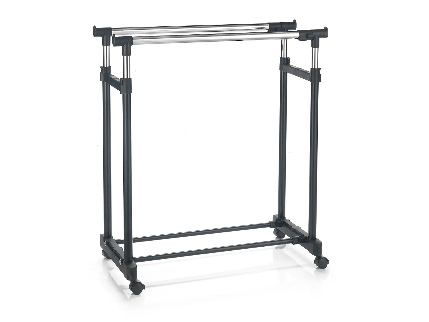 Portant à vêtements CASA en métal chromé et noir, penderie double sur roulettes avec 2 barres hauteur et longueur réglables