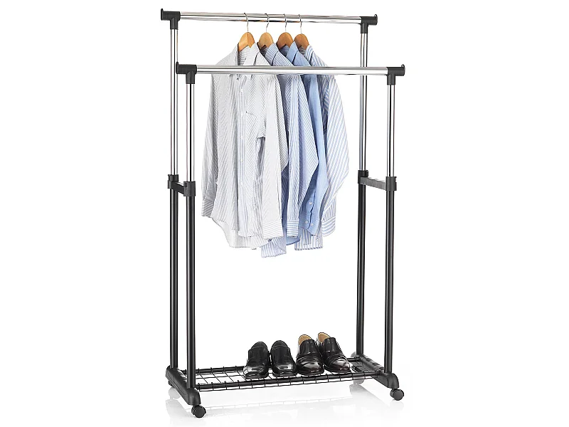 Portant à vêtements GROSSO penderie double sur roulettes vestiaire mobile 2 barres de hauteur réglable et 1 tablette, chromé et noir