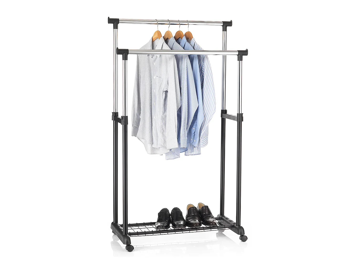 Portant à vêtements GROSSO penderie double sur roulettes vestiaire mobile 2 barres de hauteur réglable et 1 tablette, chromé et noir