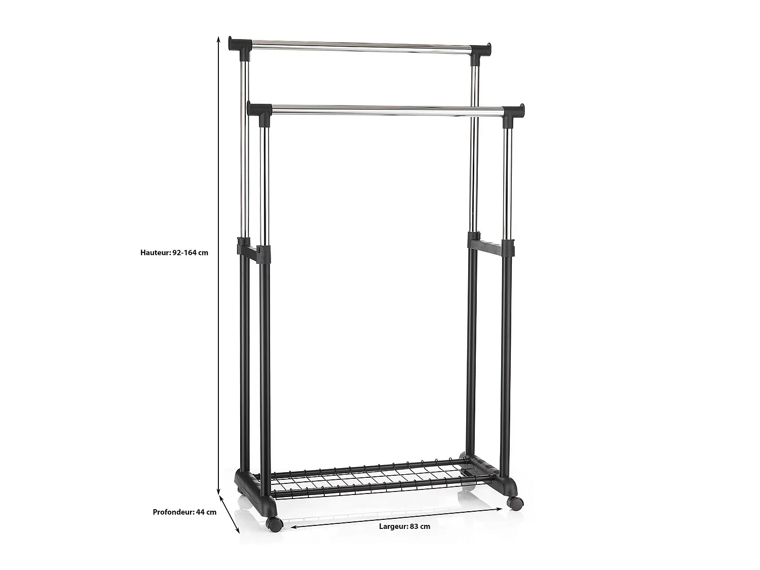 Portant à vêtements GROSSO penderie double sur roulettes vestiaire mobile 2 barres de hauteur réglable et 1 tablette, chromé et noir