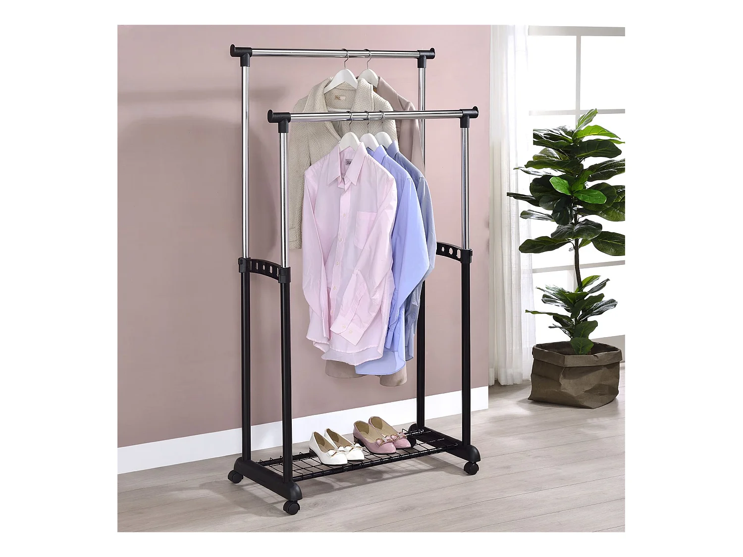 Portant à vêtements GROSSO penderie double sur roulettes vestiaire mobile 2 barres de hauteur réglable et 1 tablette, chromé et noir