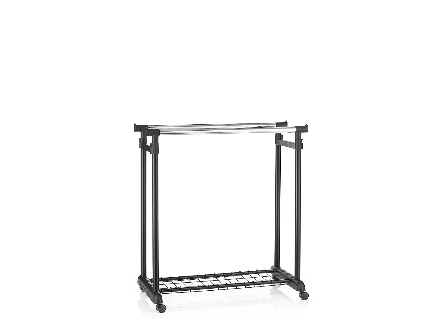 Portant à vêtements GROSSO penderie double sur roulettes vestiaire mobile 2 barres de hauteur réglable et 1 tablette, chromé et noir