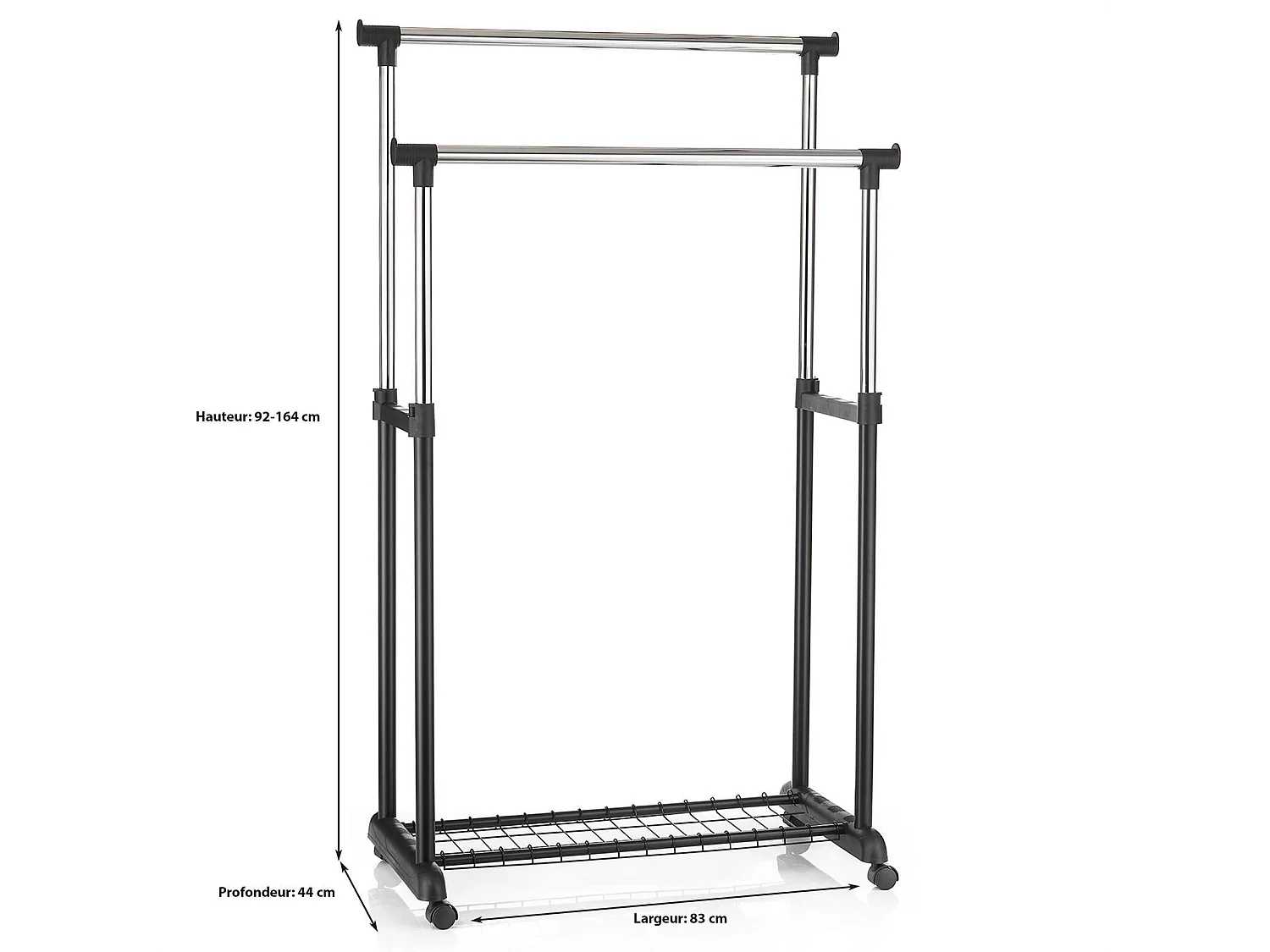 Portant à vêtements GROSSO penderie double sur roulettes vestiaire mobile 2 barres de hauteur réglable et 1 tablette, chromé et noir