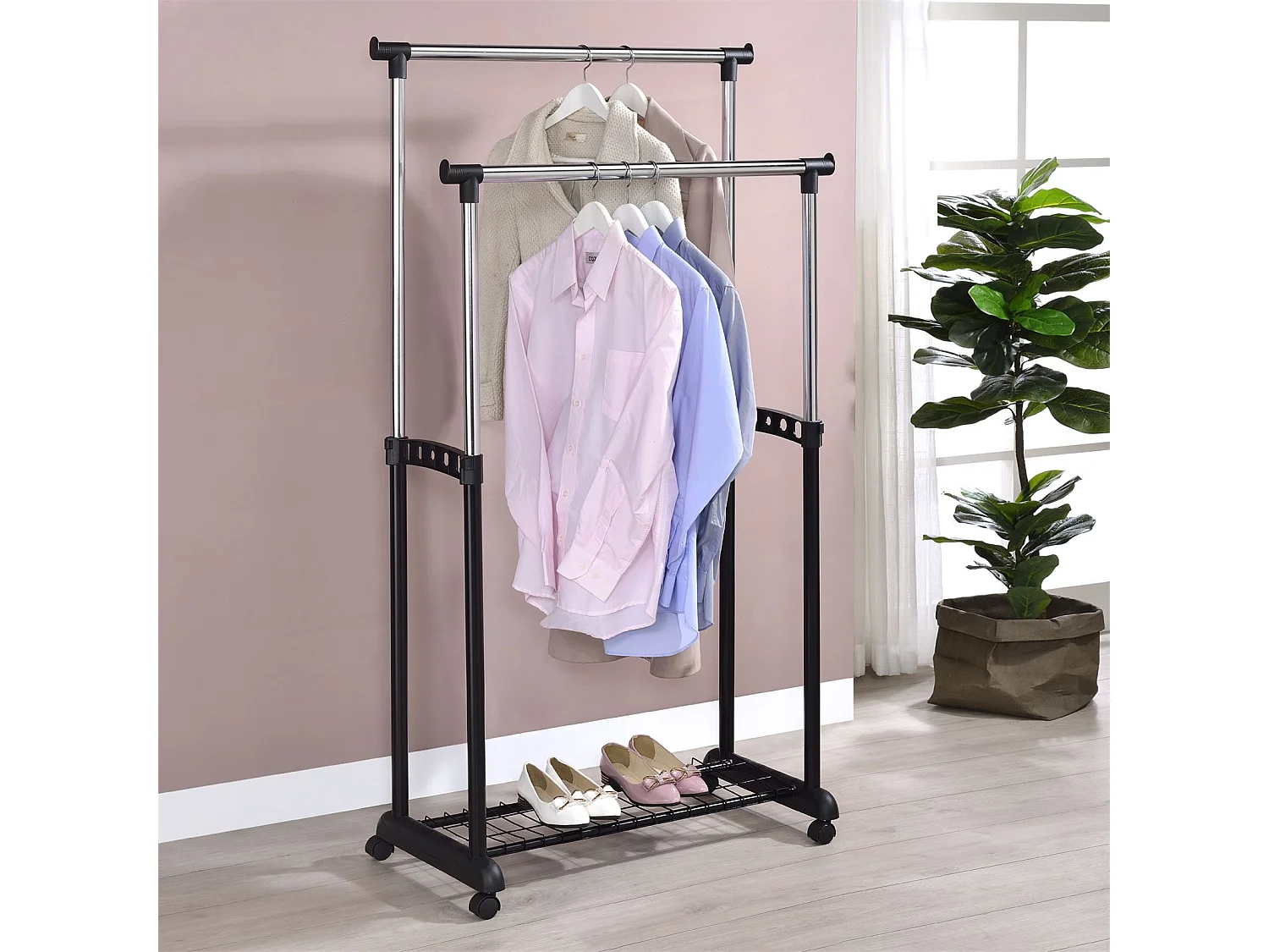 Portant à vêtements GROSSO penderie double sur roulettes vestiaire mobile 2 barres de hauteur réglable et 1 tablette, chromé et noir