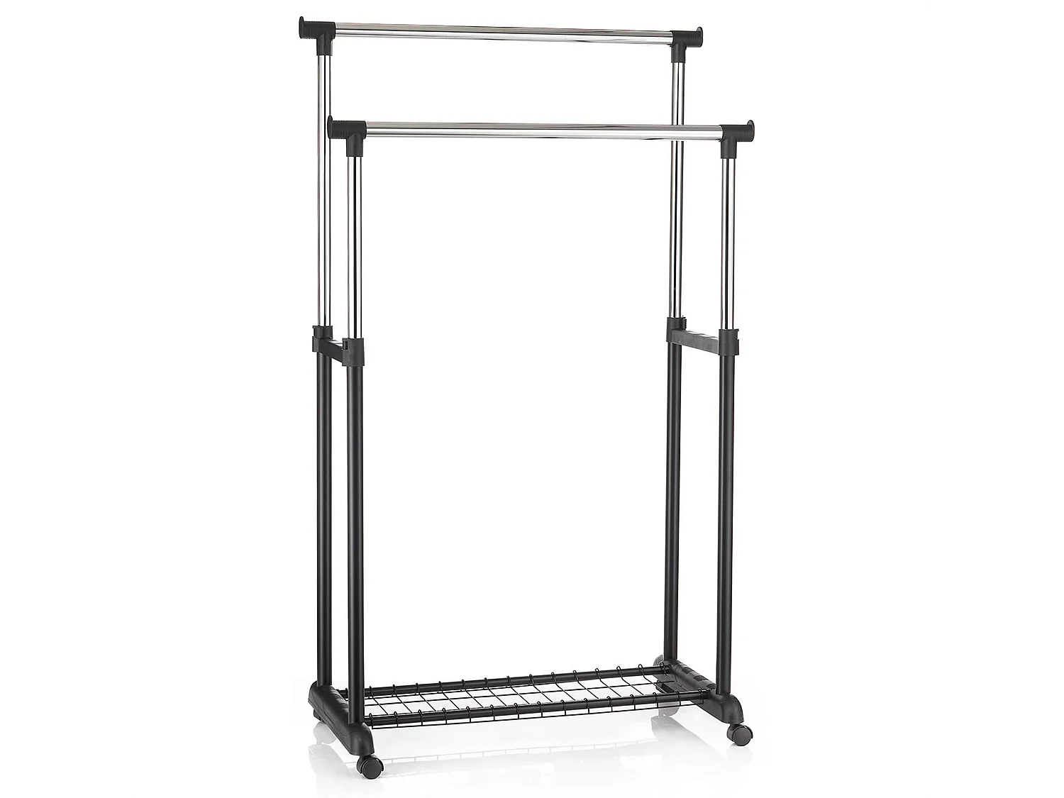 Portant à vêtements GROSSO penderie double sur roulettes vestiaire mobile 2 barres de hauteur réglable et 1 tablette, chromé et noir