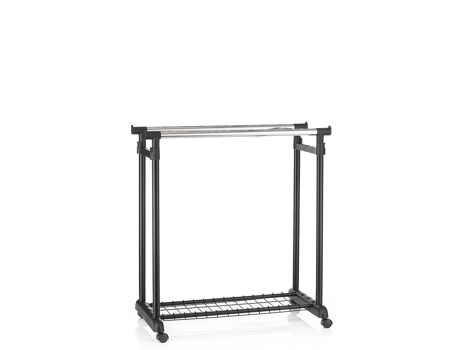 Portant à vêtements GROSSO penderie double sur roulettes vestiaire mobile 2 barres de hauteur réglable et 1 tablette, chromé et noir