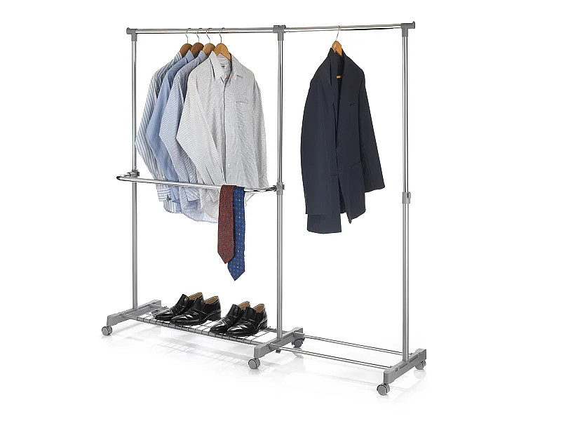 Portant à vêtements LONDON penderie sur roulettes rangement vestiaire mobile hauteur et longueur réglables, avec 1 tablette, chromé