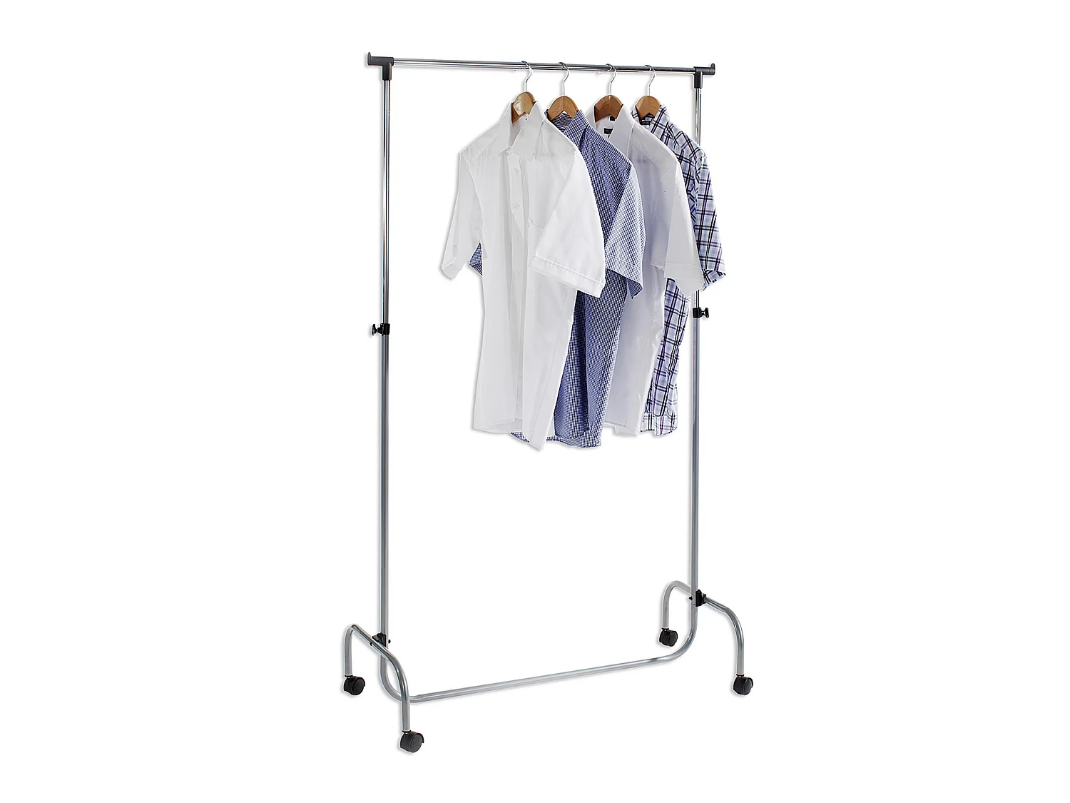 Portant à vêtements TIGER penderie simple sur roulettes vestiaire mobile 1 barre de hauteur réglable, en métal chromé et aluminium