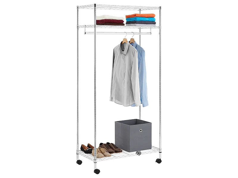 Portant à vêtements BRINDISI penderie simple sur roulettes vestiaire mobile avec 1 barre et 3 tablettes, en métal chromé