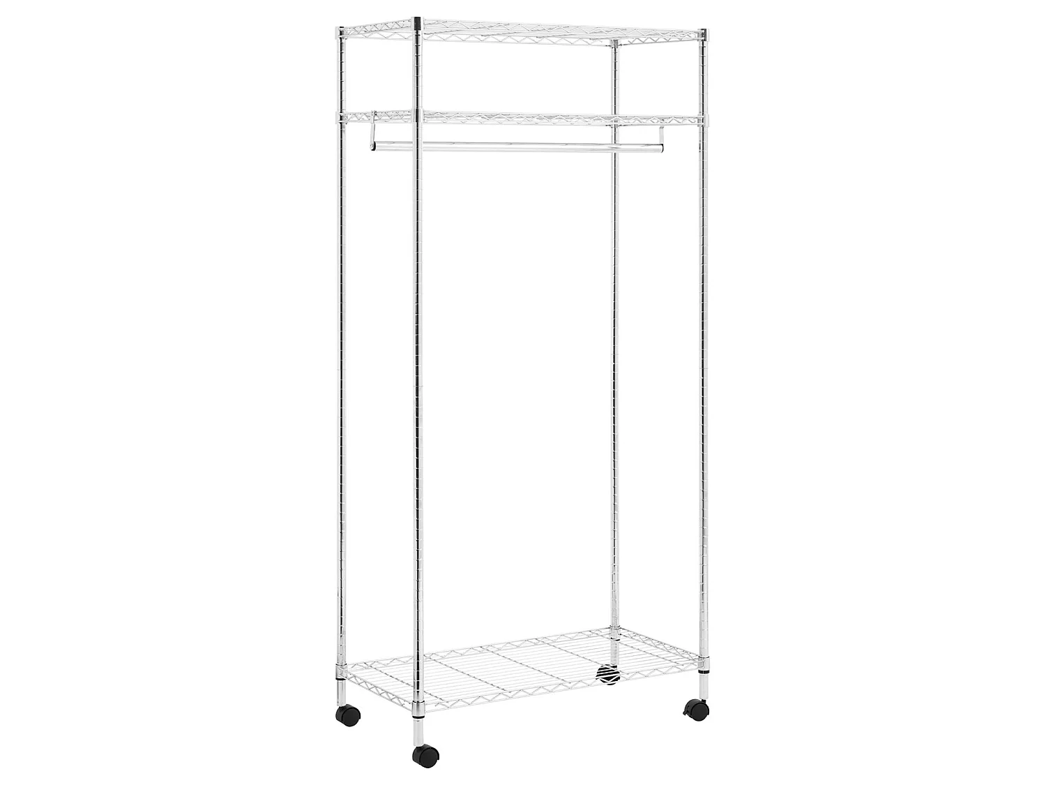 Portant à vêtements BRINDISI penderie simple sur roulettes vestiaire mobile avec 1 barre et 3 tablettes, en métal chromé