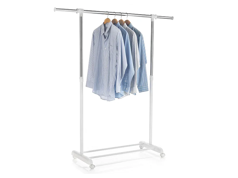 Portant à vêtements SALA en métal chromé et blanc, penderie simple sur roulettes avec 1 barre extensible hauteur réglable