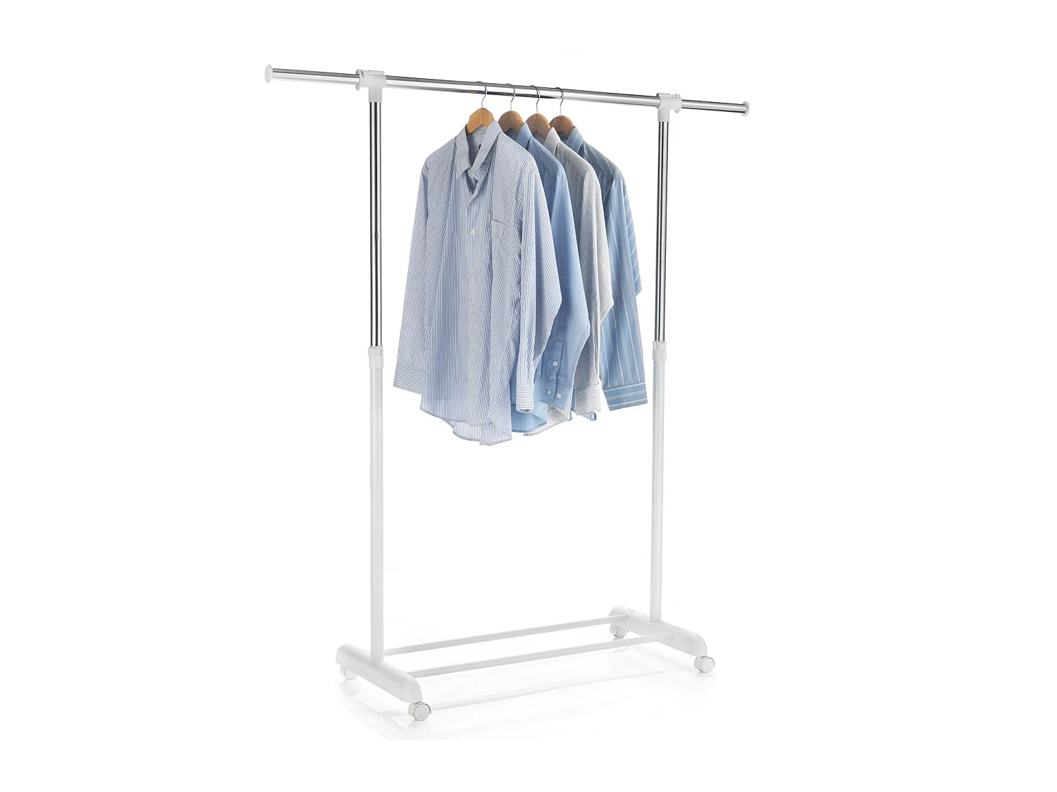 Portant à vêtements SALA en métal chromé et blanc, penderie simple sur roulettes avec 1 barre extensible hauteur réglable
