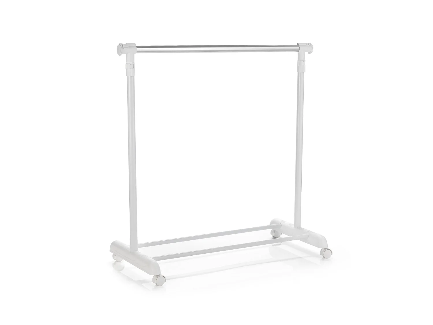 Portant à vêtements SALA en métal chromé et blanc, penderie simple sur roulettes avec 1 barre extensible hauteur réglable