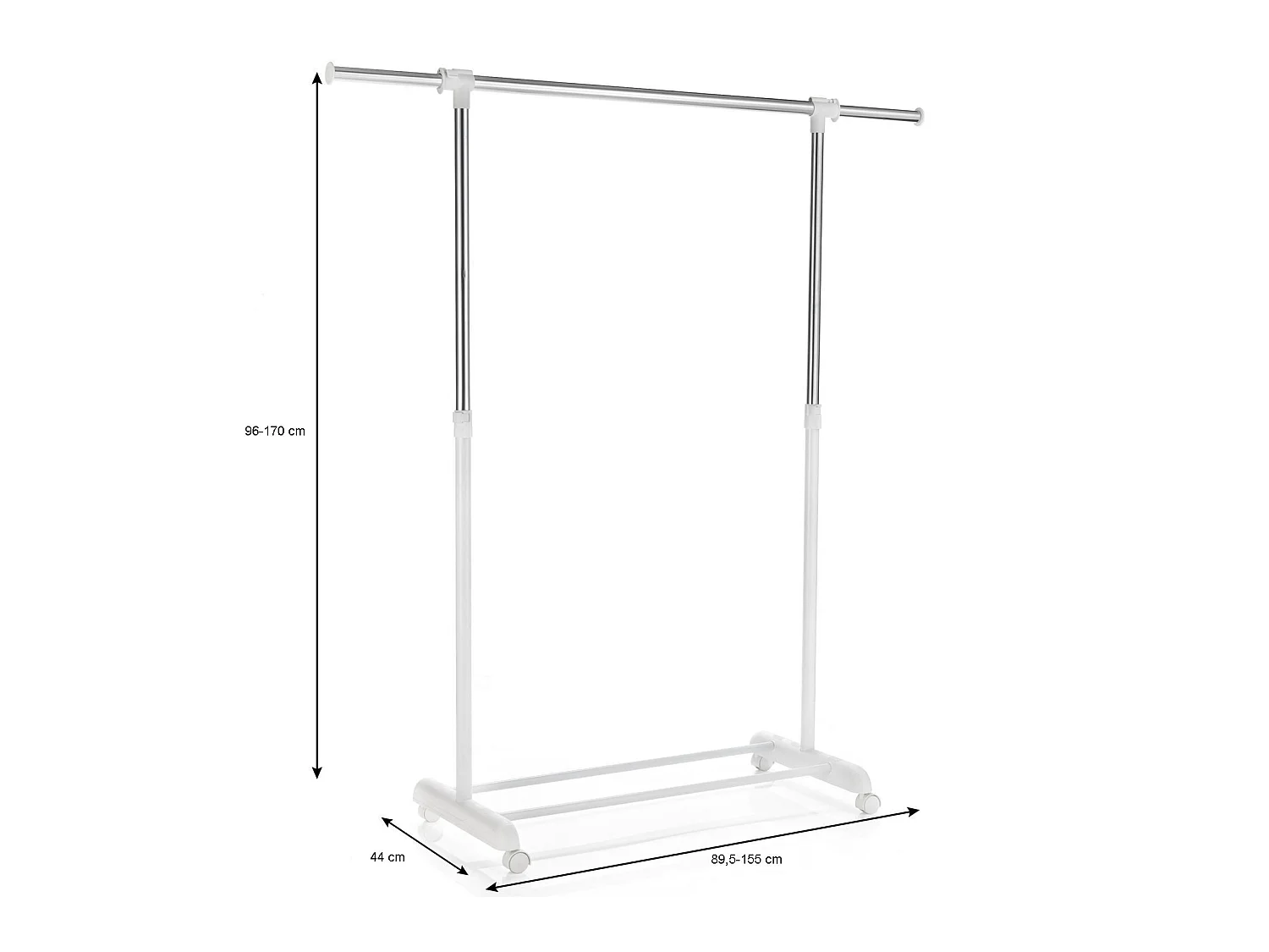 Portant à vêtements SALA en métal chromé et blanc, penderie simple sur roulettes avec 1 barre extensible hauteur réglable