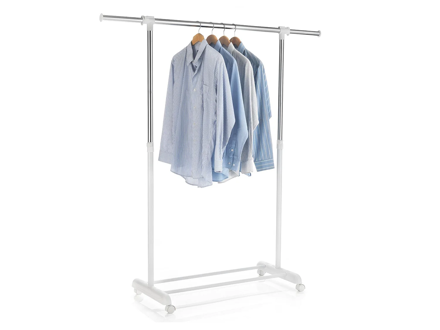 Portant à vêtements SALA en métal chromé et blanc, penderie simple sur roulettes avec 1 barre extensible hauteur réglable