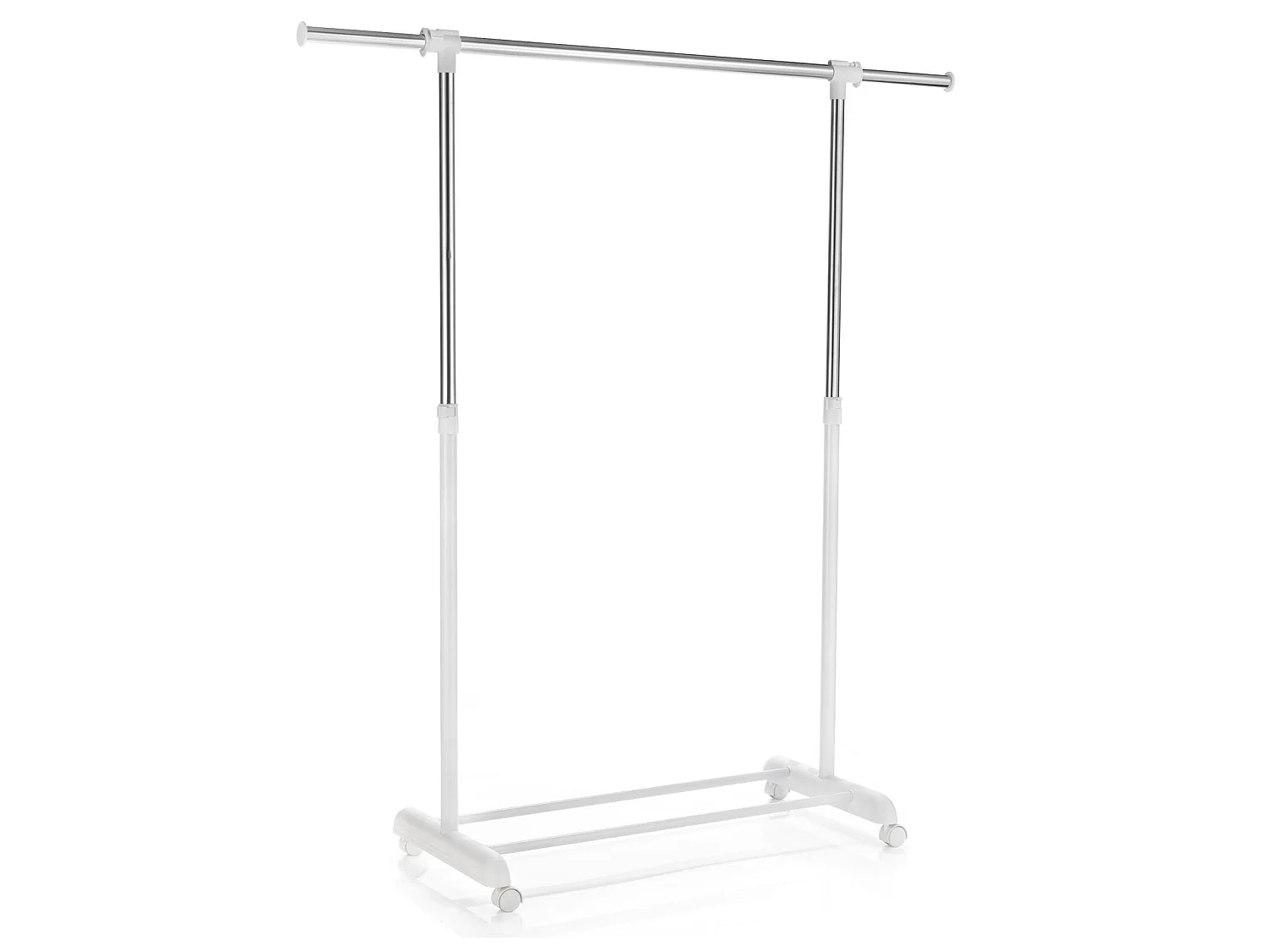 Portant à vêtements SALA en métal chromé et blanc, penderie simple sur roulettes avec 1 barre extensible hauteur réglable