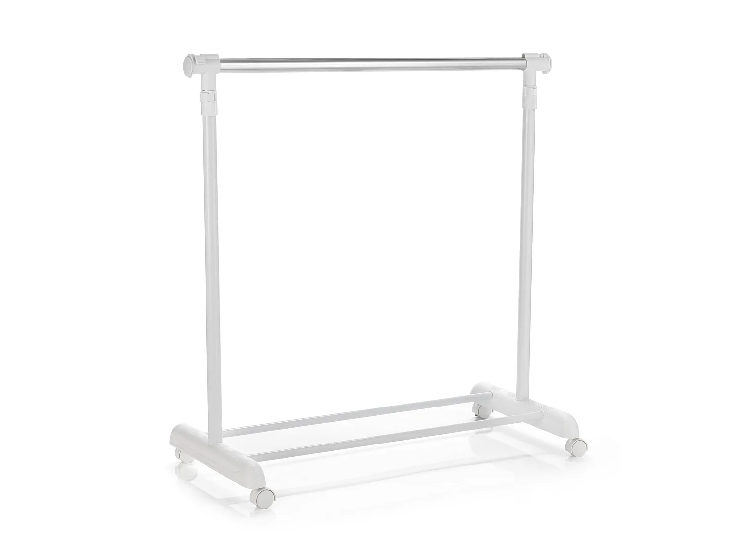 Portant à vêtements SALA en métal chromé et blanc, penderie simple sur roulettes avec 1 barre extensible hauteur réglable