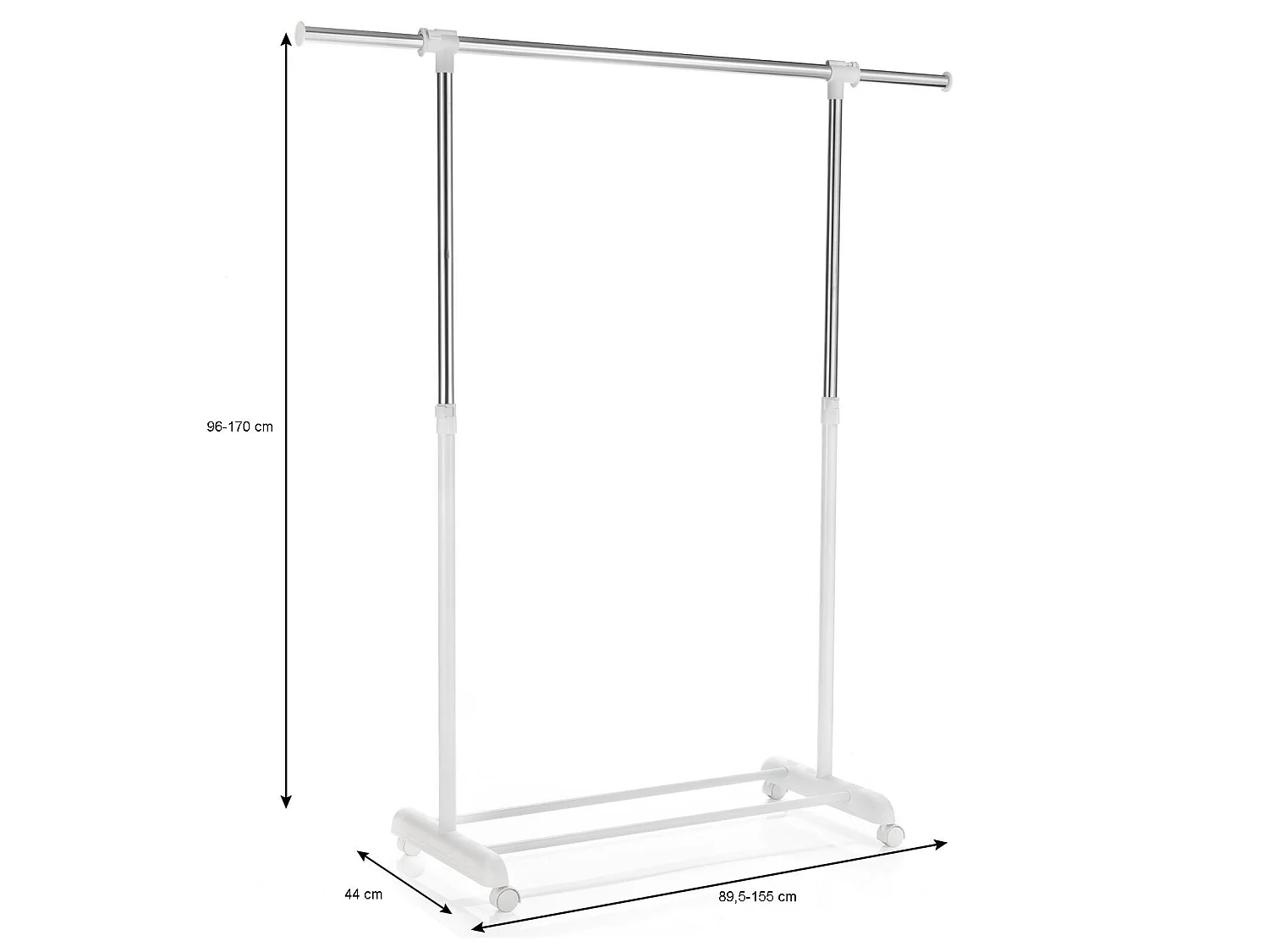 Portant à vêtements SALA en métal chromé et blanc, penderie simple sur roulettes avec 1 barre extensible hauteur réglable