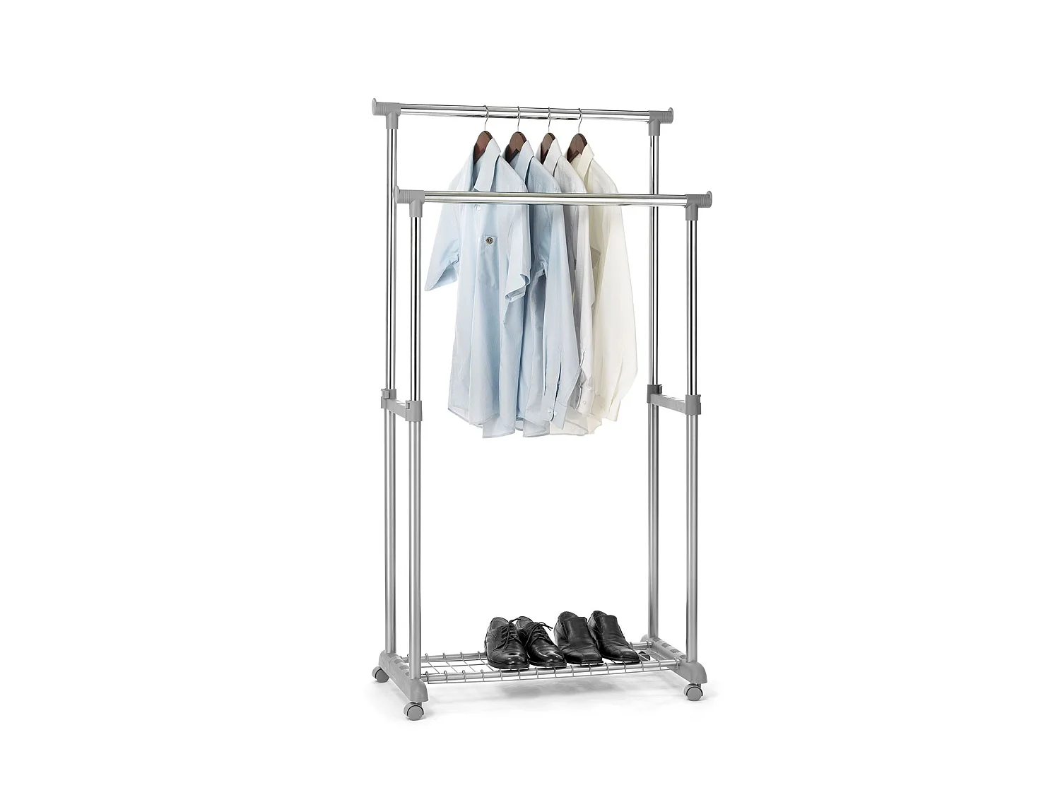 Portant à vêtements GROSSO penderie double sur roulettes vestiaire mobile 2 barres de hauteur réglable et 1 tablette, chromé et gris