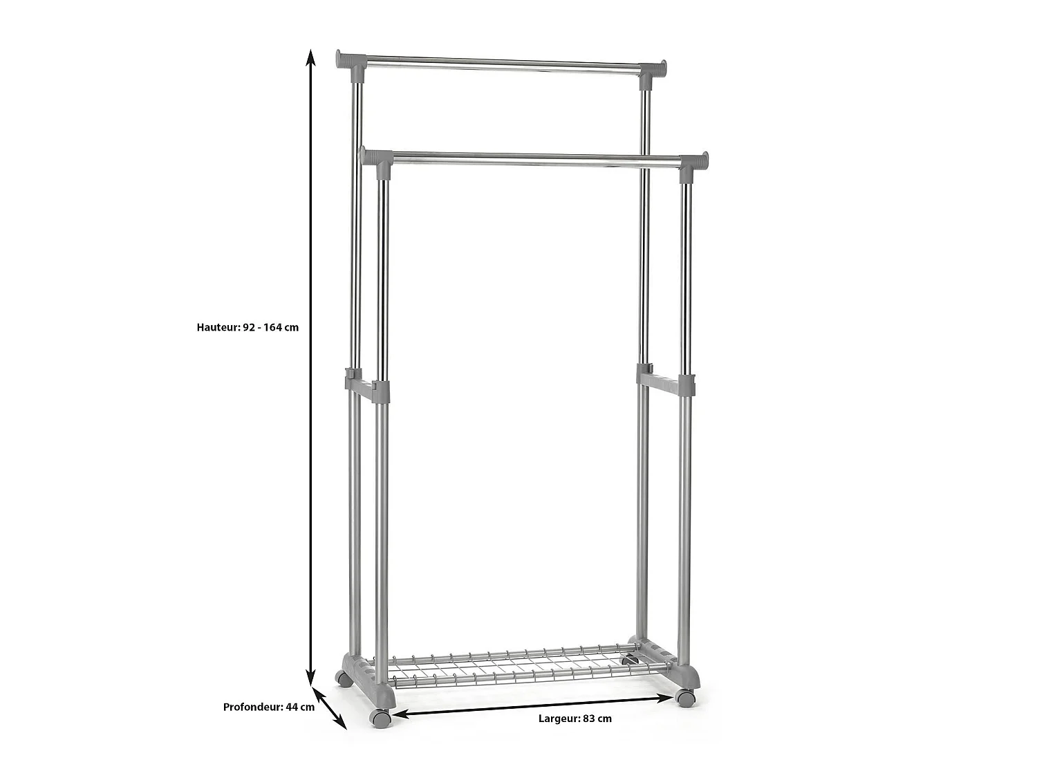 Portant à vêtements GROSSO penderie double sur roulettes vestiaire mobile 2 barres de hauteur réglable et 1 tablette, chromé et gris