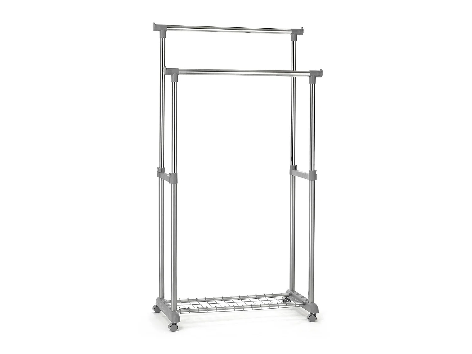 Portant à vêtements GROSSO penderie double sur roulettes vestiaire mobile 2 barres de hauteur réglable et 1 tablette, chromé et gris
