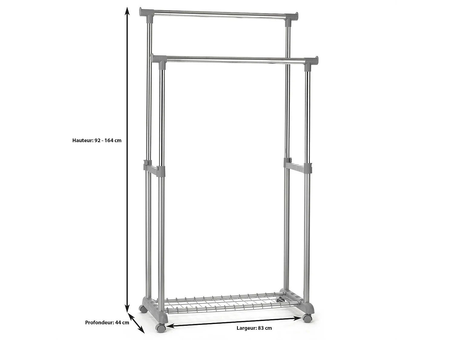 Portant à vêtements GROSSO penderie double sur roulettes vestiaire mobile 2 barres de hauteur réglable et 1 tablette, chromé et gris