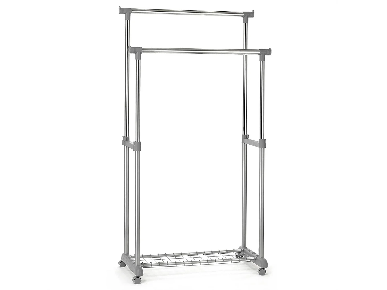 Portant à vêtements GROSSO penderie double sur roulettes vestiaire mobile 2 barres de hauteur réglable et 1 tablette, chromé et gris