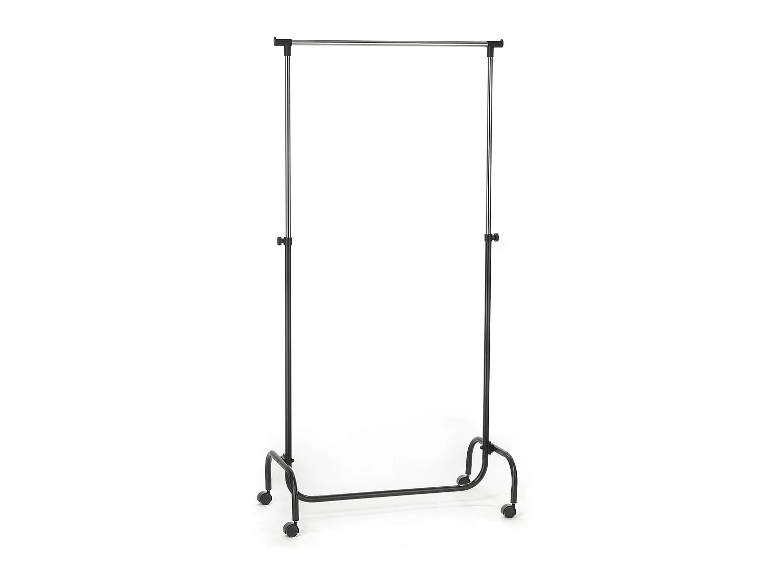 Portant à vêtements TIGER penderie simple sur roulettes vestiaire mobile avec 1 barre de hauteur réglable, en métal chromé et noir