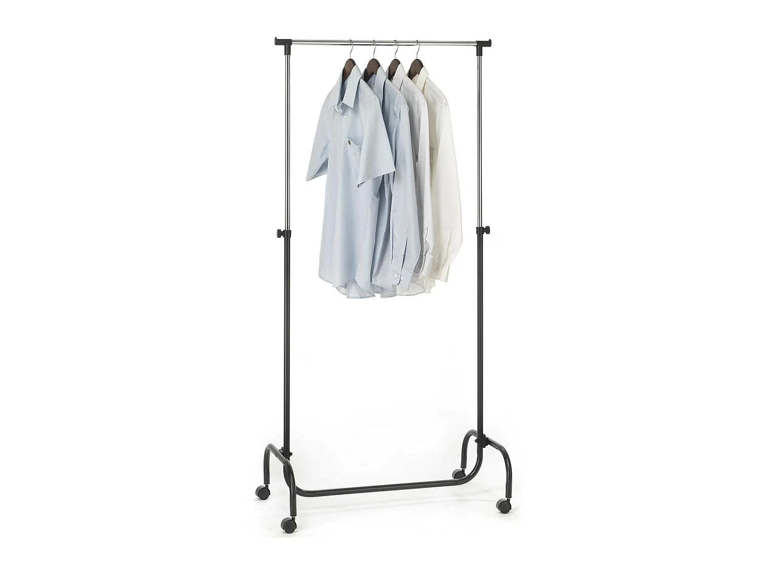 Portant à vêtements TIGER penderie simple sur roulettes vestiaire mobile avec 1 barre de hauteur réglable, en métal chromé et noir